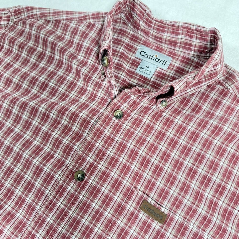 Carhartt Button Down Shirt Short Sleeve Red Plaid Men Medium Outdoor Leather Tag